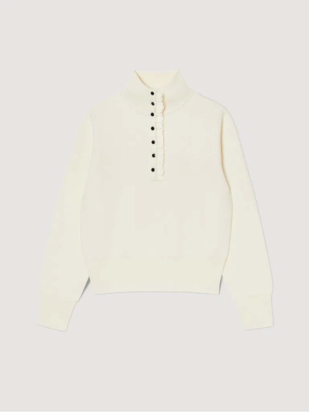 Sandro Cream Mock Neck Sweater with Ruffle Button Placket
